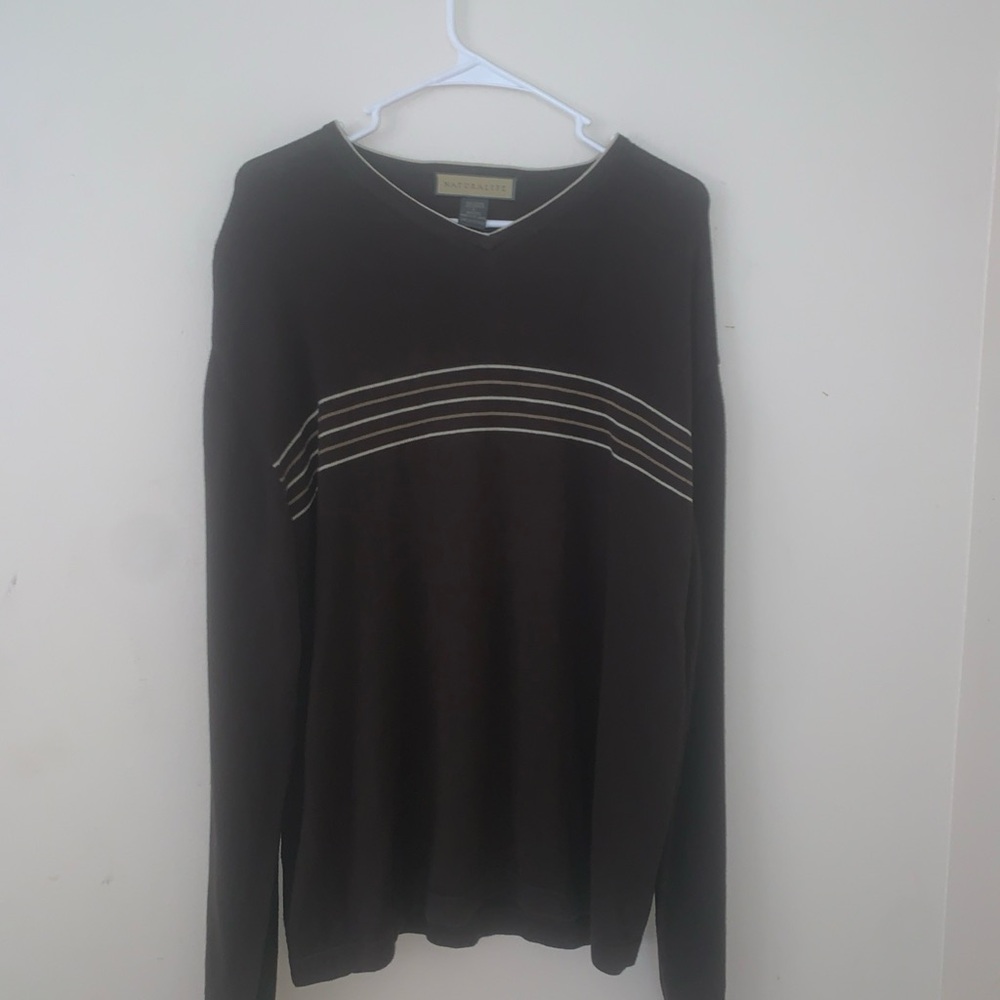 NATURALIFE Men's Dark Brown V-Neck Sweater with White Stripes